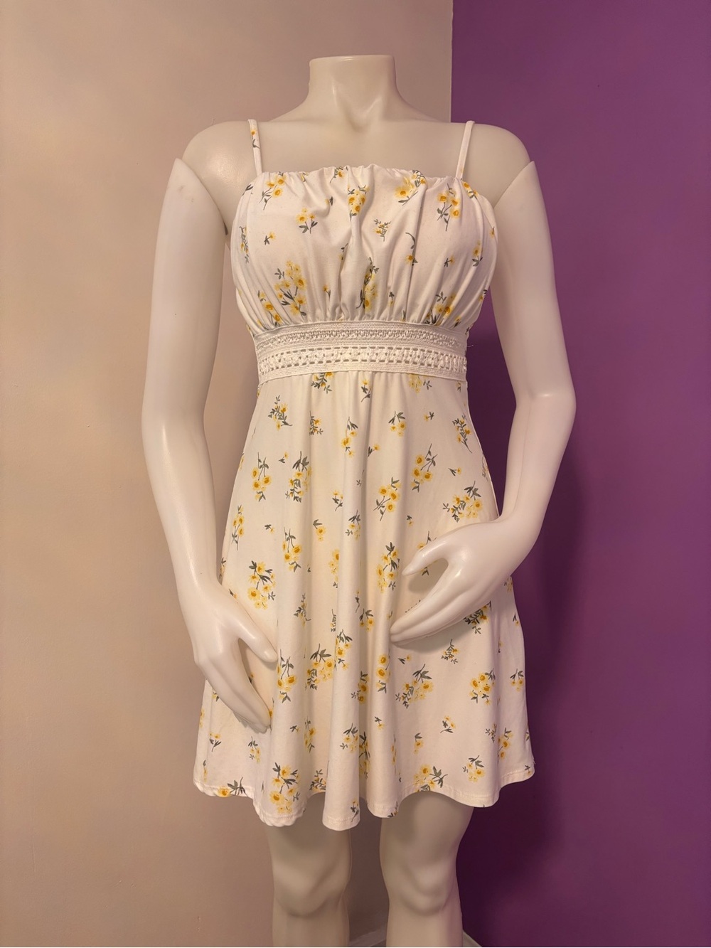 Derek Heart White Mini Dress with Yellow Floral Print Medium